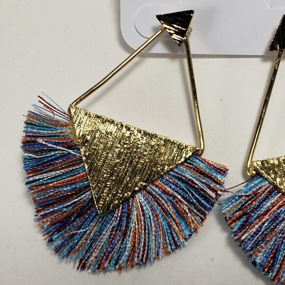Boho Multicolor Fan Earrings w/ Gold tone Triangle Post Statement Women Jewelry - Picture 8 of 10